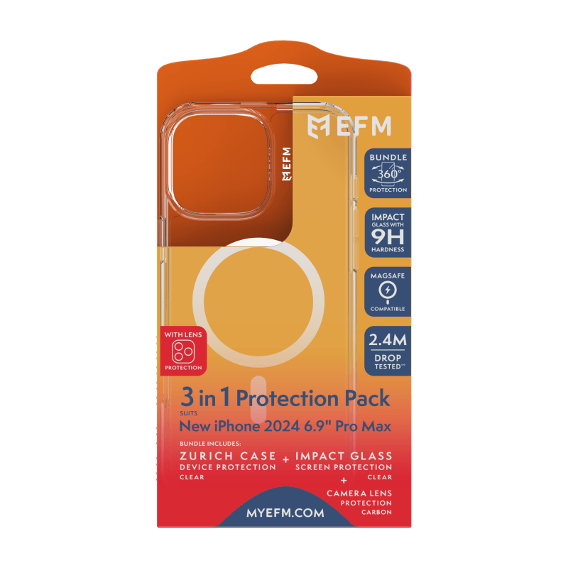 EFM 3 in 1 Case, Screen Protector and Camera Lens Protector Bundle for iPhone 16 Pro Max