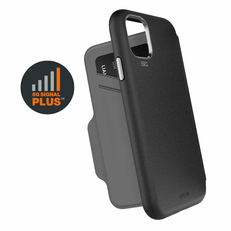 EFM Monaco Leather Wallet Case Armour with D3O 5G Signal Plus - For iPhone 12 mini 5.4" Black/Space Grey