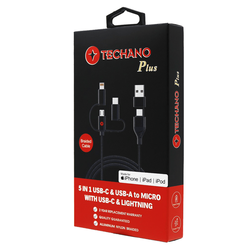 Techano Plus 5-in-1 USB-C & USB-A to Micro USB with USB-C and Lightning