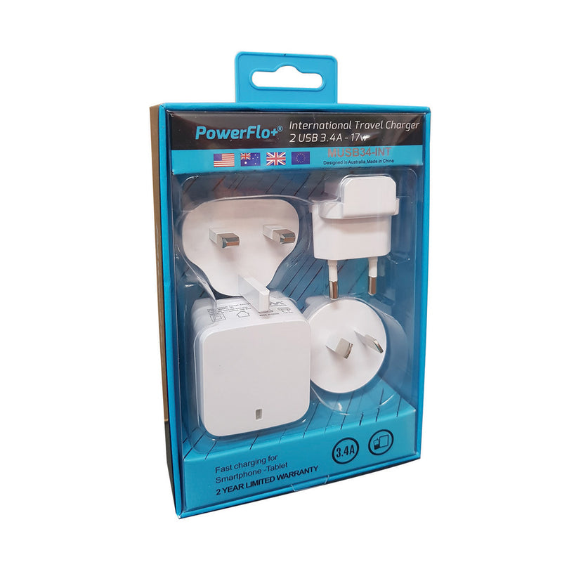 PowerFlo+ Dual Port 3.4A 2 USB 17W with International Plugs Data / Sync - White