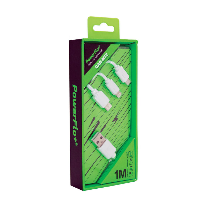 PowerFlo+ Triple Tip (Micro USB, Type C, Lightning NON MFI) 1M Data Cable / Sync - White